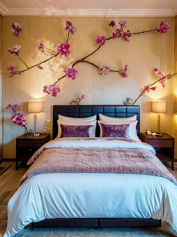 Help me generate a photo of a double bed room that combines the hotel with the intangible cultural heritage Nanjing velvet flower。There are velvet flowers in the room，velvet flower elements，The quilt has elegant velvet patterns，Velvet flower decoration on the wall