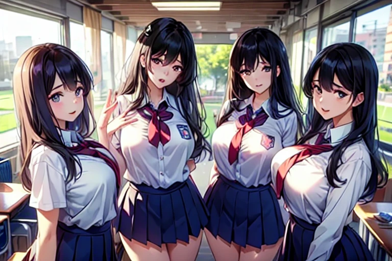 5+girls,cowboyshot,pov,beautiful detailed eyes, detailed lips, long eyelashes, bright and vibrant colors, natural lighting,(best quality, 4k, highres), ultra-detailed, soft and smooth texture, no distractions, dreamlike sensation, slight bokeh effect,highlighting her figure,deformed and independented breasts,schooluniform,side by side,three persons three persons,line formation