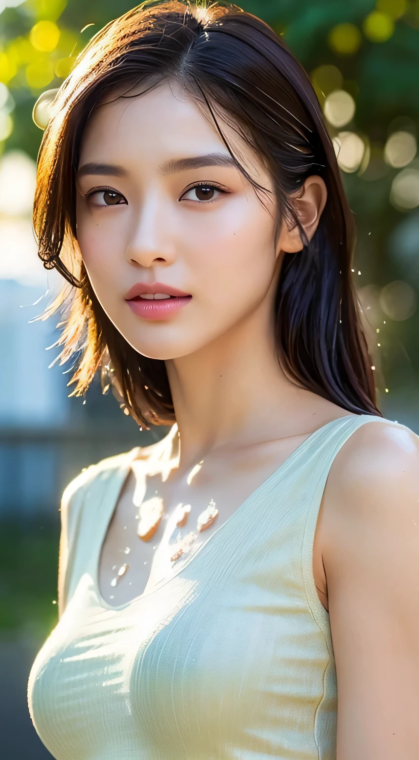 (highest quality, 4k, masterpiece :1.3), sharp focus, shallow depth of field, Bright colors, professional level, 
20-year-old, 1 person, Japanese beautiful face, 
Supple body :1.3, model body shape:1.5, perfect style：1.4, 
narrow shoulders, beautiful clavicle, long and thin legs, The beauty of slim abs :1.2, thin waist :1.2, 
super detailed skin, Fair skin, Shiny skin, 
super detailed face, slim facial contour, beautiful small face, Beautiful lined nose, 
super detailed eyes, long slit eyes, brown eyes, double eyelid, Beautiful thin eyebrows, fine long eyelashes, 
super detailed lips, plump lips, glossy pink lips, flushed cheeks, beautiful teeth, 

(((photorealism,Take a photo of the upper body))), ((Body posture facing forward)), Backlight,

(wet in the rain, wet in the rain, wet body :1.2), 