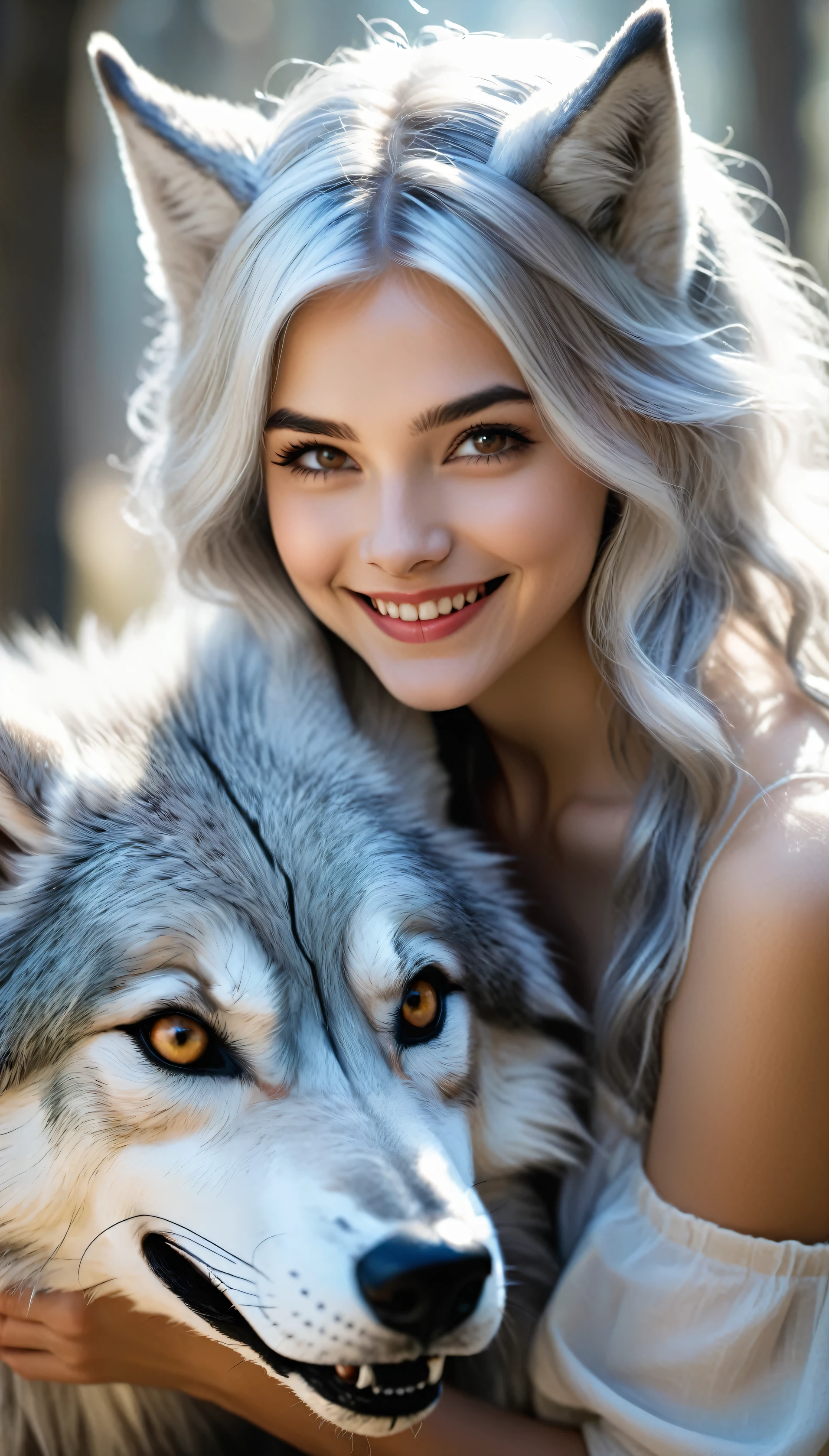 Beautiful 8K Ultra HD professional photos, Sharp focus, In a stunning fantasy world, A cute silver-haired girl,There are real demon horns and a mysterious 1 giant wolf, A joyful smile, In bright natural light