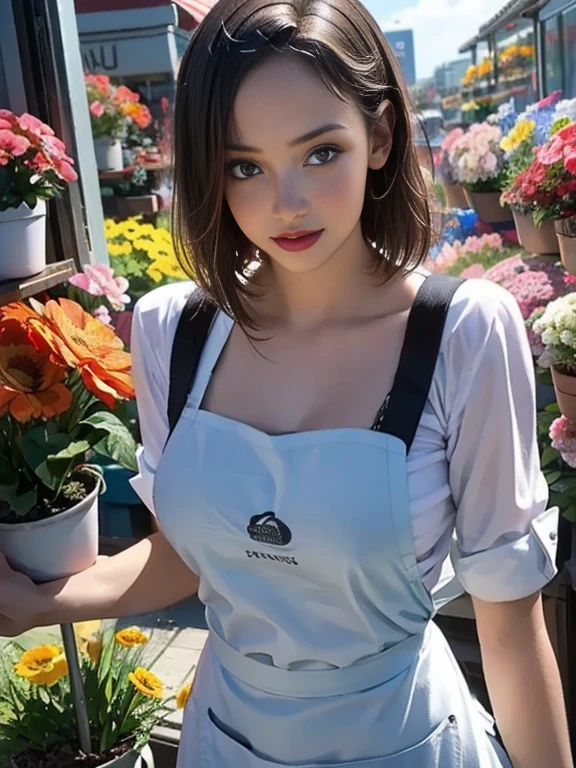 (best quality, 8k, highres, photorealistic:2.0), (solo, one girl:2.0),(photo taken using flash:1.9),(brighten the subject:1.8),(ultimate beautiful girl:2.0),(shiny skin),(oily skin),(blonde girl:1.5),(short hairstyle:1.5),(cool beauty:2.0),Blush brown makeup , dark eye makeup , use pink glossy lipstick,(big beady eyes girl:1.5),(droopy-eyes girl:1.5),(blue eyes),(thin girl:1.5),(baby face girl),(sex appeal),(sweet smelling girl),(Photographed in front of a flower shop:1.8),(A girl who works part-time at a flower shop:1.3),(A girl who likes to grow flowers),(she works for low wages:1.5),(kind-hearted woman:1.5),(she has a nice smile:1.3),(woman with a happy look:1.3),(she is very sociable),(from a very poor family:1.5),(virgin girl),(She is a secret pervert.),(she covertly lewd),(she looks so erotic),(Preserve virginity for devout Christians),chuuChloe,(Wearing a florist's apron:1.5),(Breast cleavage emphasis),(A woman with very soft breasts),(woman fantasizing about sex),(allurement),(bewitching pose),(I love masturbating)