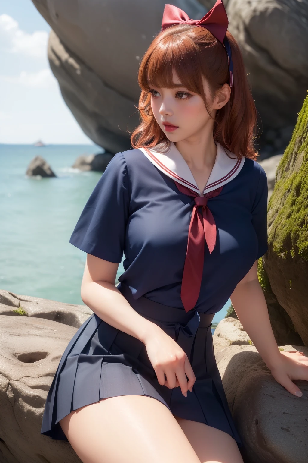 (masterpiece, best quality, cinematic, photorealistic, ultra-detailed), (1girl, Japanese student), (wide shot, side view:1.4), (undressed short-sleeved blouse with a sailor-style collar and a ribbon tie:1.5), (super mini navy blue pleated skirt:1.4), (wavy ginger hair, with bangs:1.2), perfect hands, perfect face, (large cleavage), (seductive pose:1.2), (green eyes, soft and shimmery eyeshadows, detailed pupils, defined eyelashes), (blushing, slightly parted lips, cherry lips:1.2), (leaning against a gigantic rock, sensual pose:1.4)