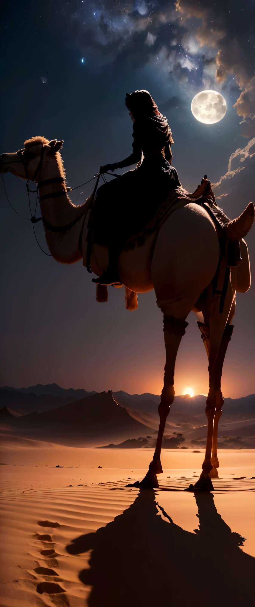 ((Highest image quality, masterpiece, Highest image quality, 8K)), ((Landscape Photography)), midnight view in the desert under the full moon, ((brautiful full moon)), ((there is a shadow of a person riding a camel)),