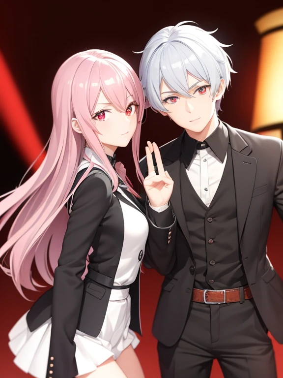 ((obra maestra de anime TV)), (enfoque medio cuerpo), Pareja hetero chico y chica, varia las poses juntos, you can see the mutual attraction, chica Fox pelo largo blanco o gris, radiante iris eyes brillan del ojo verde:0.5, chico pelo corto bicolor, rostro masculino, eyes are also bright red eyes and radiant black:1.1, -auto..