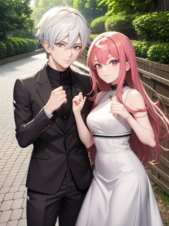 ((obra maestra de anime TV)), (enfoque medio cuerpo), Pareja hetero chico y chica, varia las poses juntos, you can see the mutual attraction, chica Fox pelo largo blanco o gris, radiante iris eyes brillan del ojo verde:0.5, chico pelo corto bicolor, rostro masculino, eyes are also bright red eyes and radiant black:1.1, -auto..