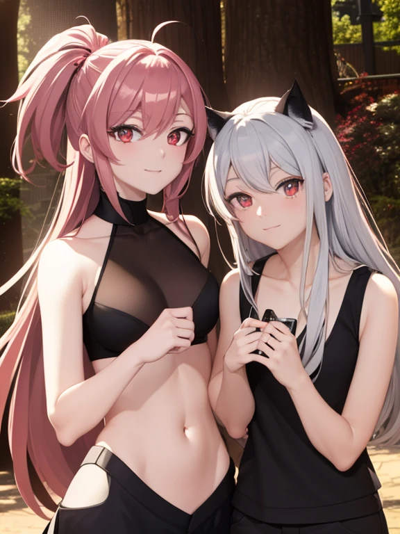 ((obra maestra de anime TV)), (enfoque medio cuerpo), Pareja hetero chico y chica, varia las poses juntos, you can see the mutual attraction, chica Fox pelo largo blanco o gris, radiante iris eyes brillan del ojo verde:0.5, chico pelo corto bicolor, rostro masculino, eyes are also bright red eyes and radiant black:1.1, -auto..