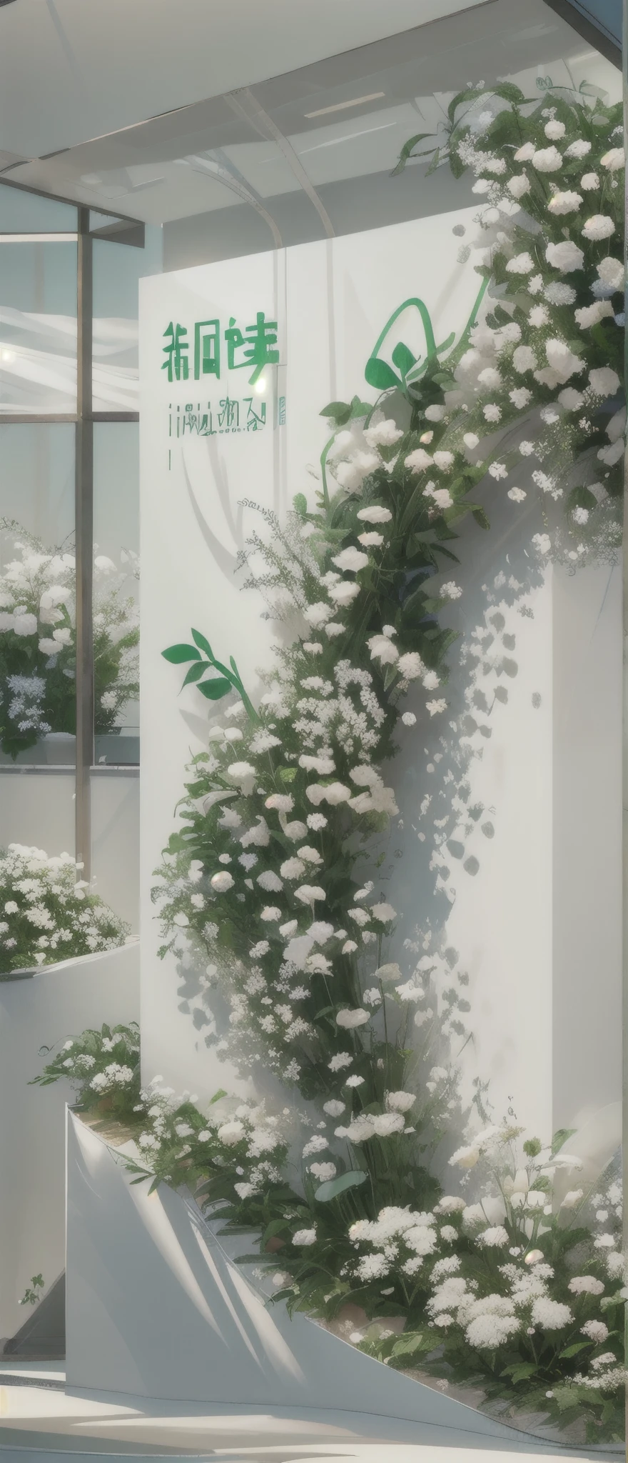 Design a backdrop with greenery and flowers in the shape of a ZINFANADOW pop-up shop, white backdrop, white ribbons floating down from the backdrop, minimalism, luxury, green, big logo text " Choose Hdirection, Yabu Design, Liu County Flower Shop, Chinese Calligraphy, HD Quality, High Detail, Very Detailed, Fine, Architectural Footage, Surrealism , Unreal Engine 5