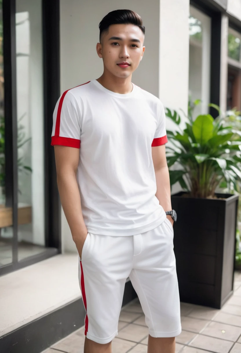 Realistic photo 1:4)) 22 year old Indonesian young man, handsome Asian from Indonesia wearing a white t-shirt, detailed, black and red sleeves with horizontal and vertical stripes, detailed, long white jogger pants, wearing rebook shoes, detailed, full body appearance smiling gently, standing on the door steps of a luxury cafe, green plants, realistic details, HD 1:4 quality photography, cinematic