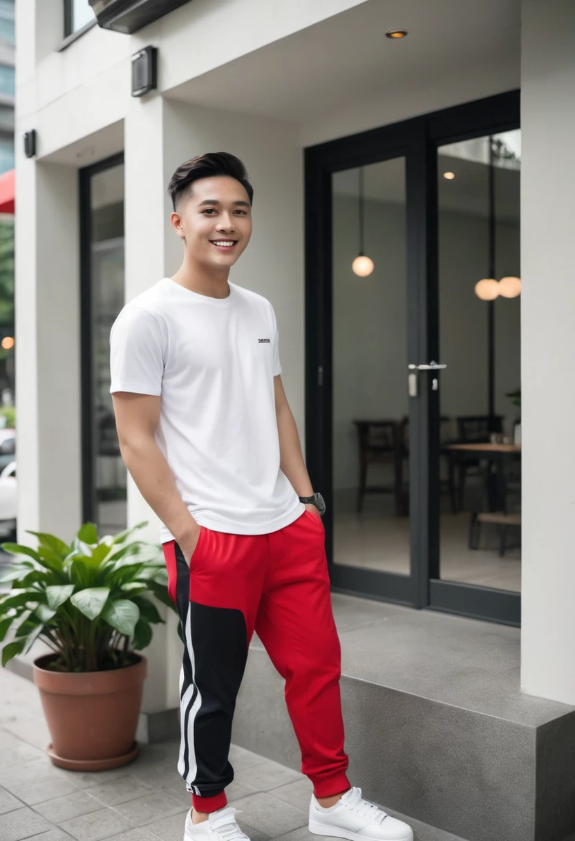 Realistic photo 1:4)) 22 year old Indonesian young man, handsome Asian from Indonesia wearing a white t-shirt, detailed, black and red sleeves with horizontal and vertical stripes, detailed, long white jogger pants, wearing rebook shoes, detailed, full body appearance smiling gently, standing on the door steps of a luxury cafe, green plants, realistic details, HD 1:4 quality photography, cinematic