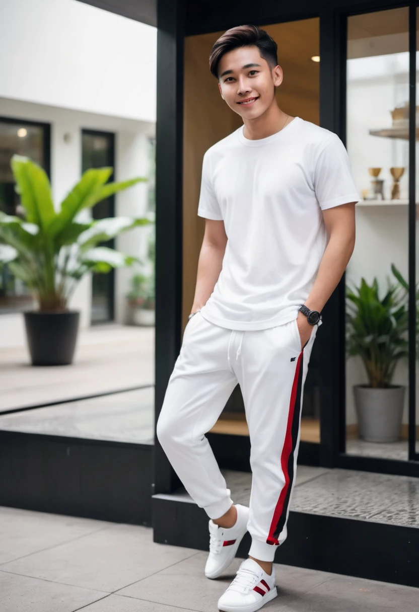 Realistic photo 1:4)) 22 year old Indonesian young man, handsome Asian from Indonesia wearing a white t-shirt, detailed, black and red sleeves with horizontal and vertical stripes, detailed, long white jogger pants, wearing rebook shoes, detailed, full body appearance smiling gently, standing on the door steps of a luxury cafe, green plants, realistic details, HD 1:4 quality photography, cinematic