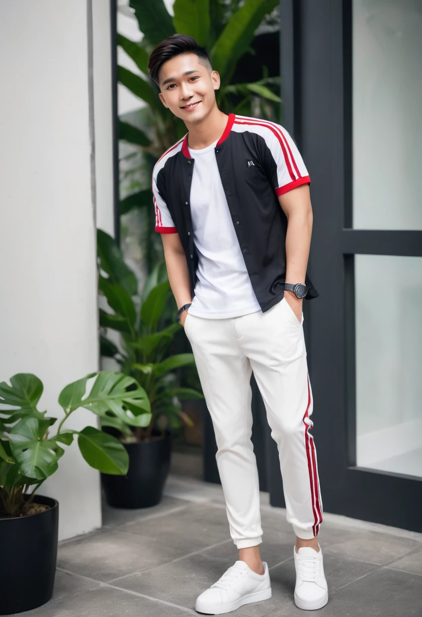 Realistic photo 1:4)) 22 year old Indonesian young man, handsome Asian from Indonesia wearing a white t-shirt, detailed, black and red sleeves with horizontal and vertical stripes, detailed, long white jogger pants, wearing rebook shoes, detailed, full body appearance smiling gently, standing on the door steps of a luxury cafe, green plants, realistic details, HD 1:4 quality photography, cinematic