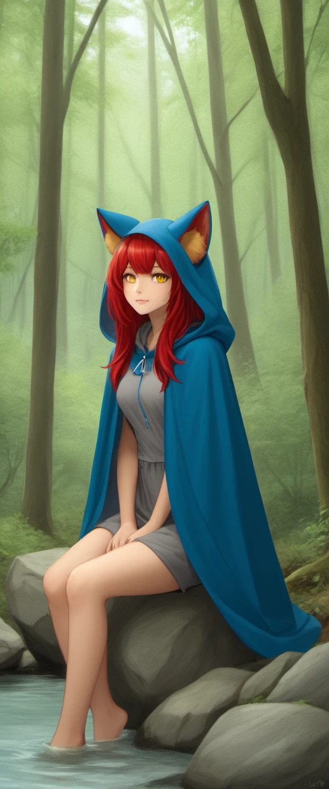 8K, best quality, (lifelike:1.4), original photo, 1 girl, Red hair, Animal ears, blue hooded cloak, ears sticking out, posture: sitting on rocks in forest river, yellow eyes,  -