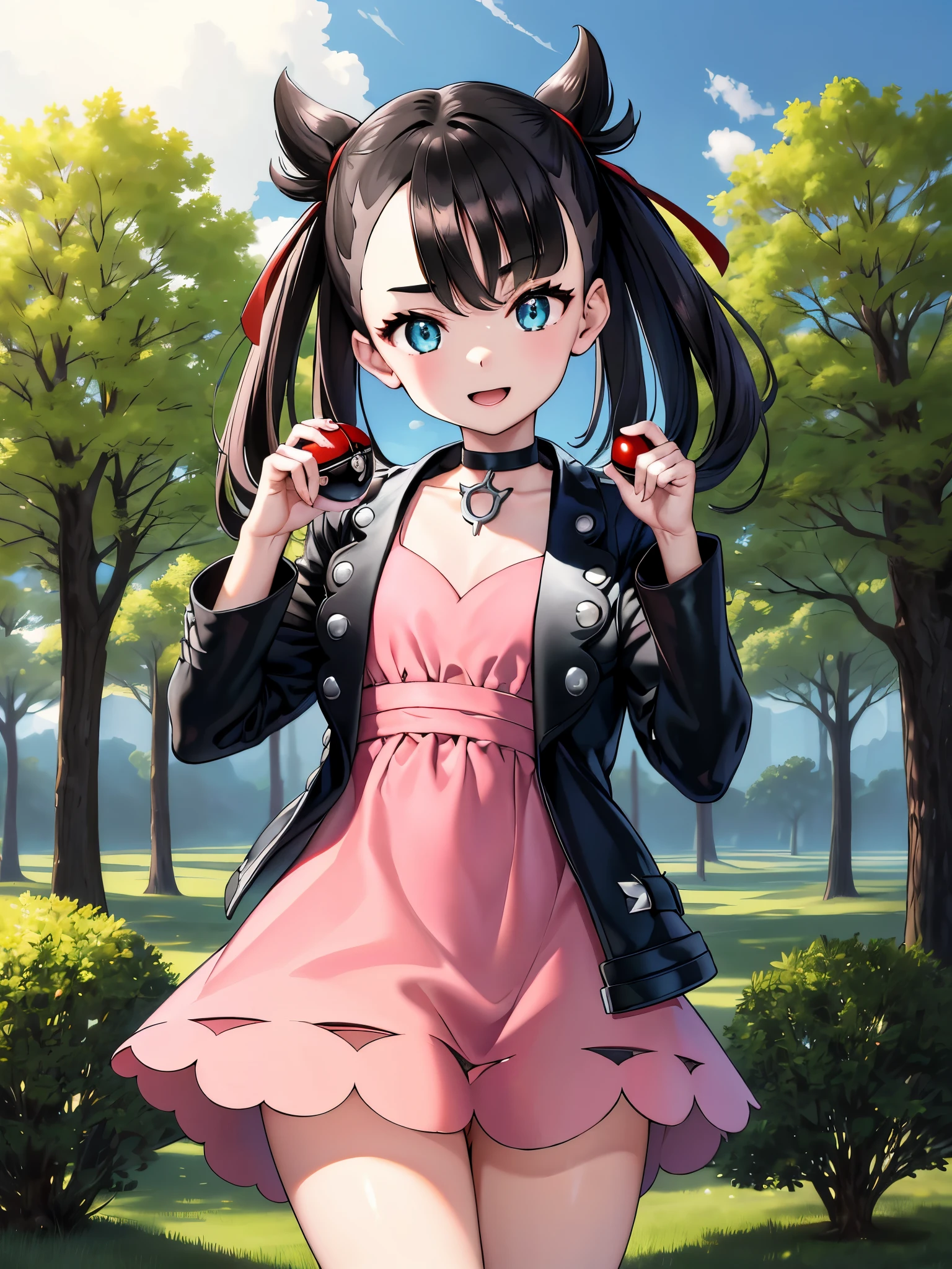 masterpiece, best quality, highres, marnie, aqua eyes, black choker, red ribbon, pink dress, jewelry, black jacket, open clothes, long sleeves, cowboy shot, standing, Forest, holding poke ball, poke ball \(basic\), smile, open mouth,{{{The background is a beautiful forest with many trees.:1.2}}},{{Draw the person so that it is in the center of the screen}},Describe up to the top of the head,{{{perfect hand shape:1.2}}},{{{perfect finger shape:1.2}}}