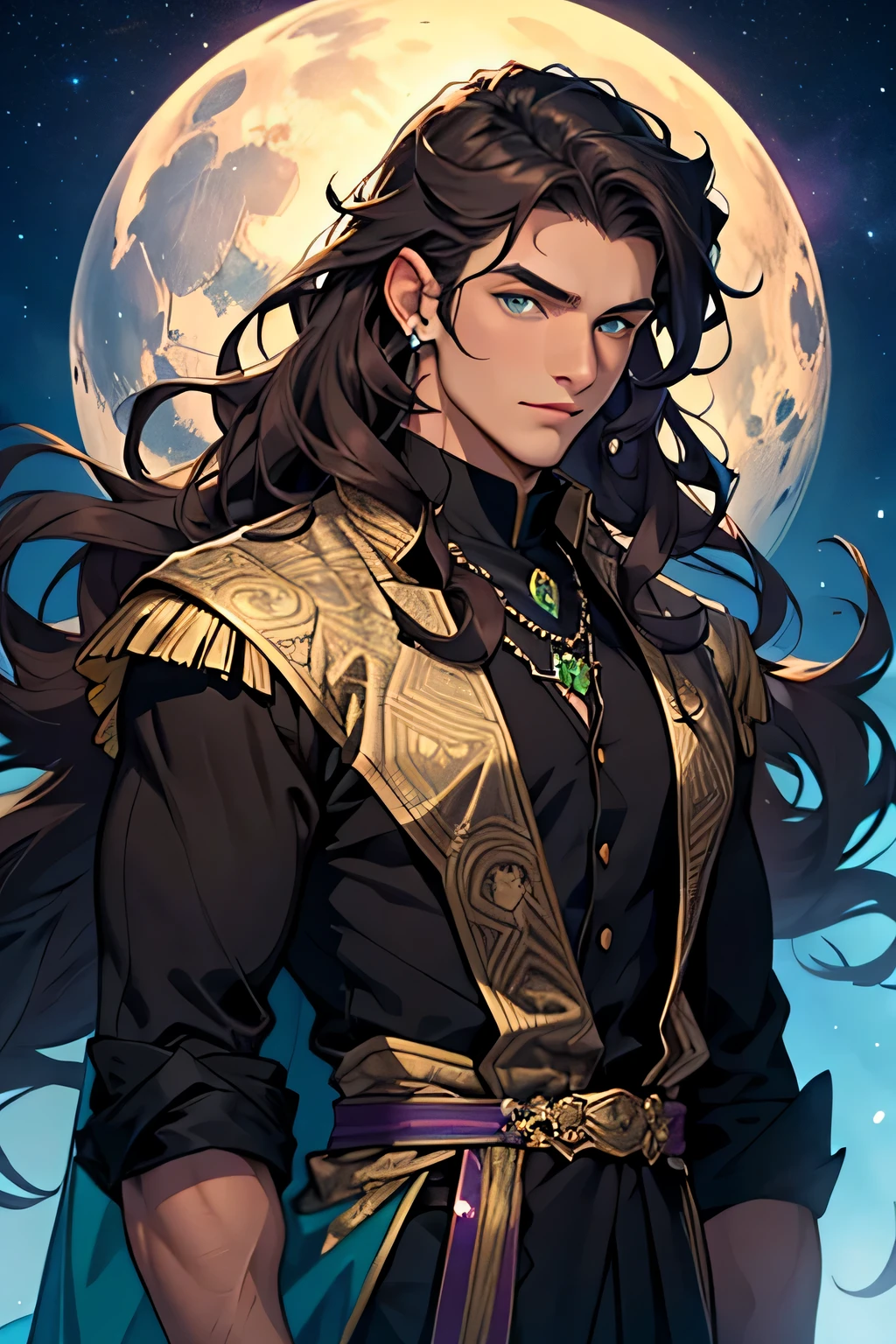 a 20 year old man, young, a prince, royalty, blue, purple, brown long curly hair, man's long curly hair, without a beard, without a goatee, black clothes, jewelry, sparkling, night sky, night time, stars, beautiful man, green eyes,