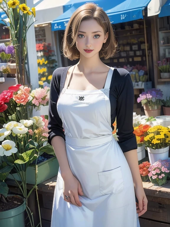 (best quality, 8k, highres, photorealistic:2.0), (solo, one girl:2.0),(photo taken using flash:1.9),(brighten the subject:1.8),(ultimate beautiful girl:2.0),(shiny skin),(oily skin),(blonde girl:1.5),(short hairstyle:1.5),(cool beauty:2.0),Blush brown makeup , dark eye makeup , use pink glossy lipstick,(big beady eyes girl:1.5),(droopy-eyes girl:1.5),(blue eyes),(thin girl:1.5),( girl),(sex appeal),(sweet smelling girl),(Photographed in front of a flower shop:1.8),(A girl who works part-time at a flower shop:1.3),(A girl who likes to grow flowers),(she works for low wages:1.5),(kind-hearted woman:1.5),(she has a nice smile:1.3),(woman with a happy look:1.3),(she is very sociable),(from a very poor family:1.5),(virgin girl),(She is a secret pervert.),(she covertly lewd),(she looks so erotic),(Preserve virginity for devout Christians),chuuChloe,(Wearing a florist's apron:1.5),(Breast cleavage emphasis),(A woman with very soft breasts),(woman fantasizing about sex),(allurement),(bewitching pose),(I love masturbating)