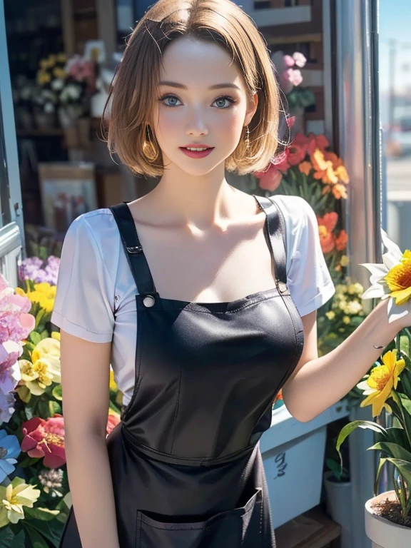 (best quality, 8k, highres, photorealistic:2.0), (solo, one girl:2.0),(photo taken using flash:1.9),(brighten the subject:1.8),(ultimate beautiful girl:2.0),(shiny skin),(oily skin),(blonde girl:1.5),(short hairstyle:1.5),(cool beauty:2.0),Blush brown makeup , dark eye makeup , use pink glossy lipstick,(big beady eyes girl:1.5),(droopy-eyes girl:1.5),(blue eyes),(thin girl:1.5),(baby face girl),(sex appeal),(sweet smelling girl),(Photographed in front of a flower shop:1.8),(A girl who works part-time at a flower shop:1.3),(A girl who likes to grow flowers),(she works for low wages:1.5),(kind-hearted woman:1.5),(she has a nice smile:1.3),(woman with a happy look:1.3),(she is very sociable),(from a very poor family:1.5),(virgin girl),(She is a secret pervert.),(she covertly lewd),(she looks so erotic),(Preserve virginity for devout Christians),chuuChloe,(Wearing a florist's apron:1.5),(Breast cleavage emphasis),(A woman with very soft breasts),(woman fantasizing about sex),(allurement),(bewitching pose),(I love masturbating)