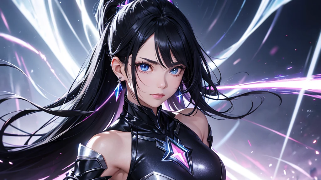 a mature woman, Confident, mighty and strong, (black blue hair streaked sky blue luminous hair), Extra long high ponytail with single side ear front hair combed in back, floating hair, hair strand, shiny hair, blue amber eyes, pupils sparkling, aqua eyes, glowing eyes, pupils sparkling, upturned eyes, long upper eyelashes, double eyelids, deep red purple lips, white crystal earrings, a slight smile, Glowing clothing effect, Silver full body armor, super high exquisite black and gold twin color pattern on silver armor, (Right hand holds a silver spear with lightning), (The left forearm is surrounded by fire and lightning), (A huge upright lightning ring totem floats behind the shoulders), She is a war goddess, Random pose, Random expressions, Random background, White light surrounding the body, god rays, anime, UHD, masterpiece, award winning, 8k, super detail, best quality, retina, ccurate, super textured skin, super detail face, perfect face, Super fine facial details, beautiful and delicate eyes, perfect eyes, anatomically correct, correct limbs, correct figner, super detail figner, best hair quality, best clothing quality, best prop quality, best totem detail and quality, complex totem detail