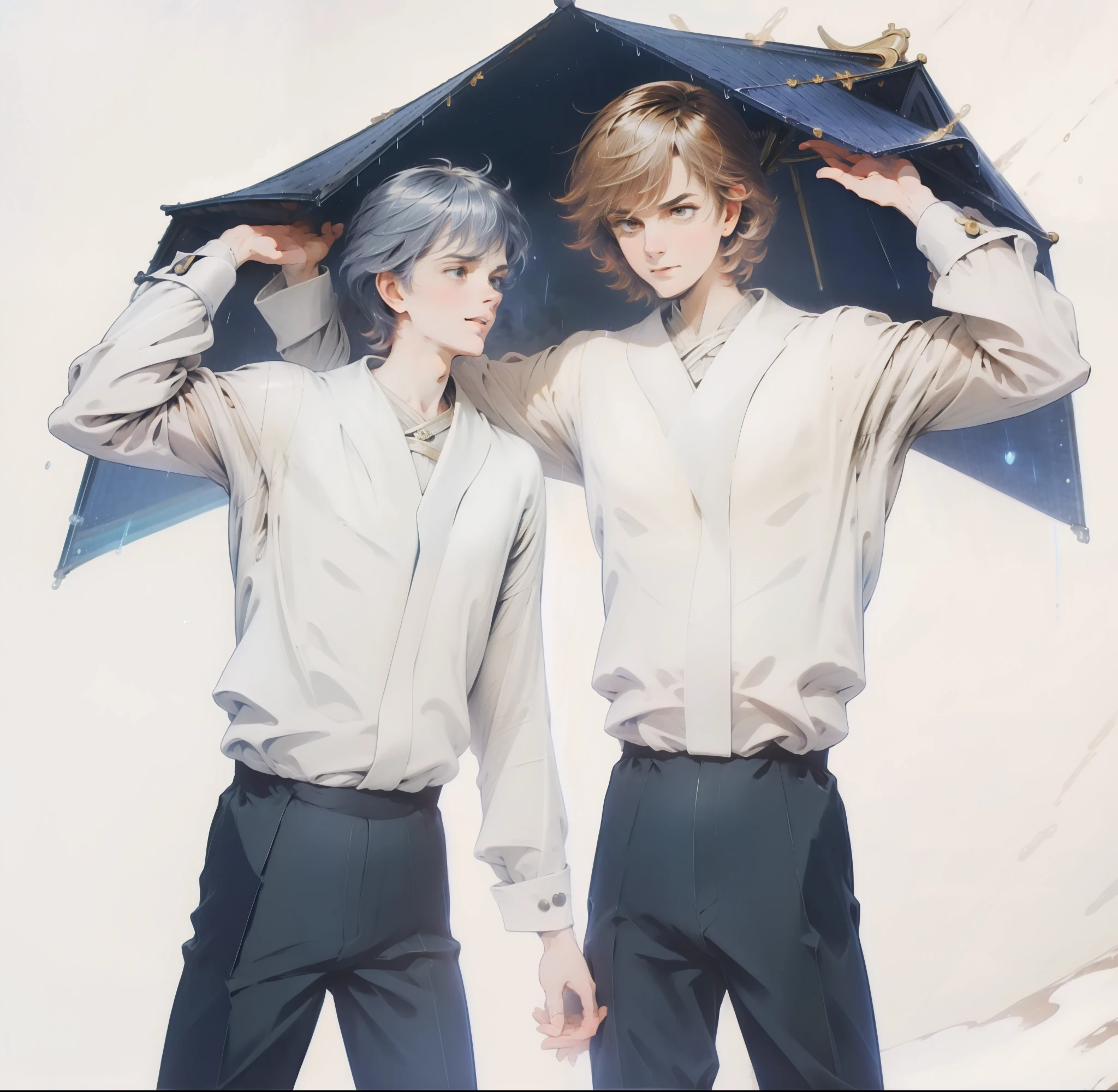 Celestial elements, atmospheric lighting, right man is serious, flow, free, dynamic poses, rain, laughing, ultra detailed, detailed hair, detailed eyes, very detailed features