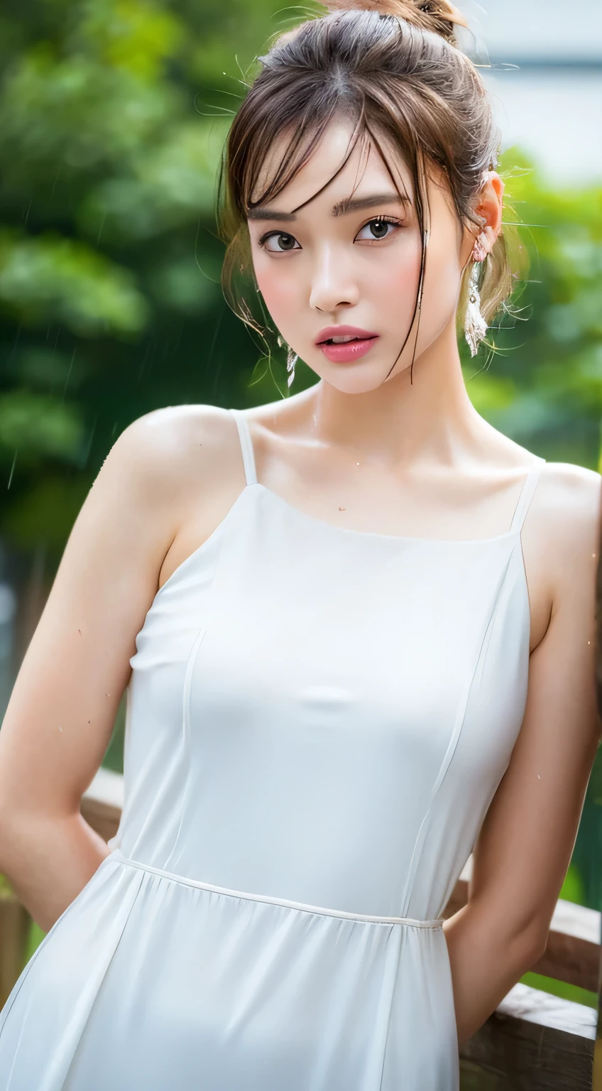 (highest quality, 4k, masterpiece :1.3), sharp focus, shallow depth of field, Bright colors, professional level,
20-year-old, 1 person, Japanese beautiful face,
Supple body :1.3, model body shape:1.5, perfect style:1.4,
narrow shoulders, beautiful clavicle, long and thin legs, The beauty of slim abs :1.2, thin waist :1.2,
super detailed skin, Fair skin, Shiny skin,
super detailed face, slim facial contour, beautiful small face, Beautiful lined nose,
super detailed eyes, long slit eyes, brown eyes, double eyelid, Beautiful thin eyebrows, fine long eyelashes,
super detailed lips, plump lips, glossy pink lips, flushed cheeks, beautiful teeth,
Beautiful actress's ennui makeup, pink lipstick, (necklace, earrings),
milk greige hair, delicate soft hair,
(hair up, short hair, ponytail:1.2), layer cut, (dull bangs:1.2),
(Dress up with trendy fashion:1.2),
(((photorealism,Shoot the whole body from the thighs))), ((Body posture facing forward)),
(wet in the rain, wet in the rain, wet body :1.2),