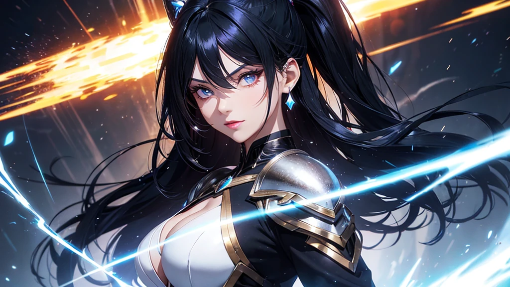最high quality、best image quality、masterpiece、age girl((18-year-old、 By becoming、vest bust、medium bust,wide open breast tea、black eye, light blue hair、Red mesh、long hair、thin,highest valley、white vintage suit(2:3)、Glowing red wings,leaning forward)),high quality、beautiful art、background((outer space))debris flies、Depth of written boundary、movie、visual art、perfect art、8K,genuine