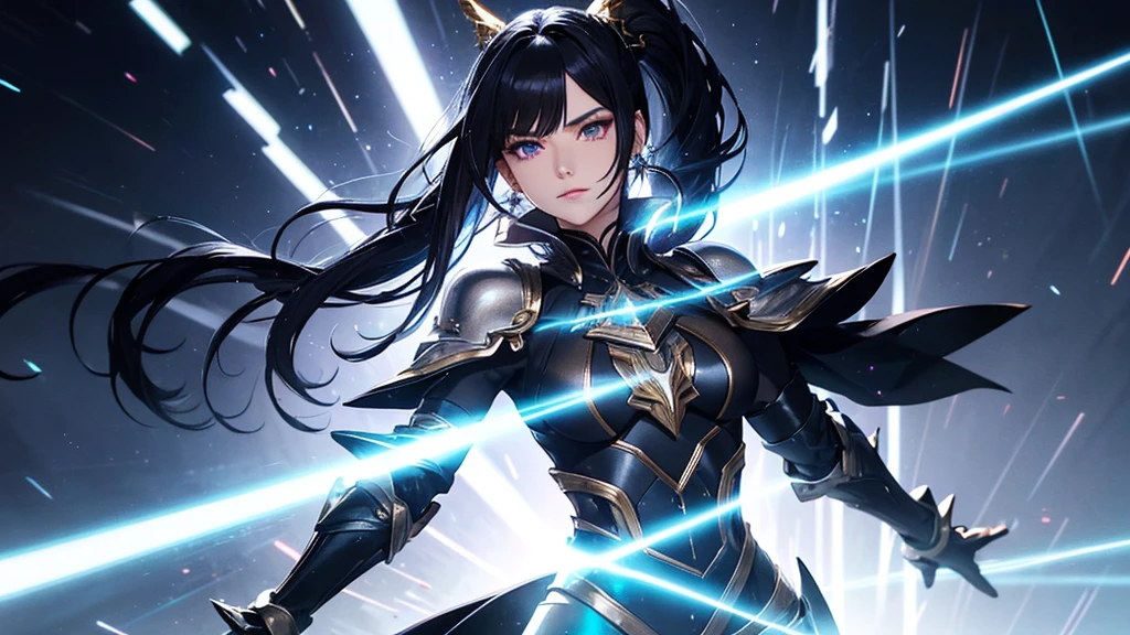 a mature woman, Confident, mighty and strong, (black blue hair streaked sky blue luminous hair), Extra long high ponytail with single side ear front hair combed in back, floating hair, hair strand, shiny hair, blue amber eyes, pupils sparkling, aqua eyes, glowing eyes, pupils sparkling, upturned eyes, long upper eyelashes, double eyelids, deep red purple lips, white crystal earrings, a slight smile, Glowing clothing effect, Silver full body armor, super high exquisite black and gold twin color pattern on silver armor, (Right hand holds a silver spear with lightning), (The left forearm is surrounded by fire and lightning), (A huge upright lightning ring totem floats behind the shoulders), She is a war goddess, Random pose, Random expressions, Random background, White light surrounding the body, god rays, anime, UHD, masterpiece, award winning, 8k, super detail, best quality, retina, ccurate, super textured skin, super detail face, perfect face, Super fine facial details, beautiful and delicate eyes, perfect eyes, anatomically correct, correct limbs, correct figner, super detail figner, best hair quality, best clothing quality, best prop quality, best totem detail and quality, complex totem detai