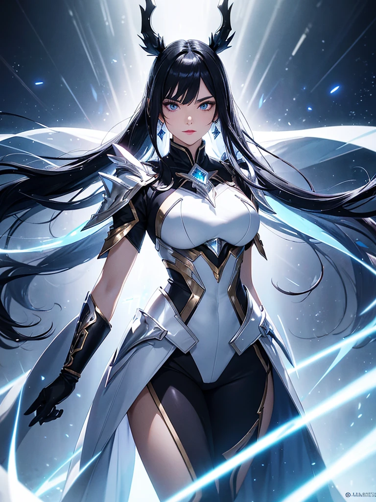 a mature woman, Confident, mighty and strong, (black blue hair streaked sky blue luminous hair), Extra long high ponytail with single side ear front hair combed in back, floating hair, hair strand, shiny hair, blue amber eyes, pupils sparkling, aqua eyes, glowing eyes, pupils sparkling, upturned eyes, long upper eyelashes, double eyelids, deep red purple lips, white crystal earrings, a slight smile, Glowing clothing effect, Silver full body armor, super high exquisite black and gold twin color pattern on silver armor, (Right hand holds a silver spear with lightning), (The left forearm is surrounded by fire and lightning), (A huge upright lightning ring totem floats behind the shoulders), She is a war goddess, Random pose, Random expressions, Random background, White light surrounding the body, god rays, anime, UHD, masterpiece, award winning, 8k, super detail, best quality, retina, ccurate, super textured skin, super detail face, perfect face, Super fine facial details, beautiful and delicate eyes, perfect eyes, anatomically correct, correct limbs, correct figner, super detail figner, best hair quality, best clothing quality, best prop quality, best totem detail and quality, complex totem detai