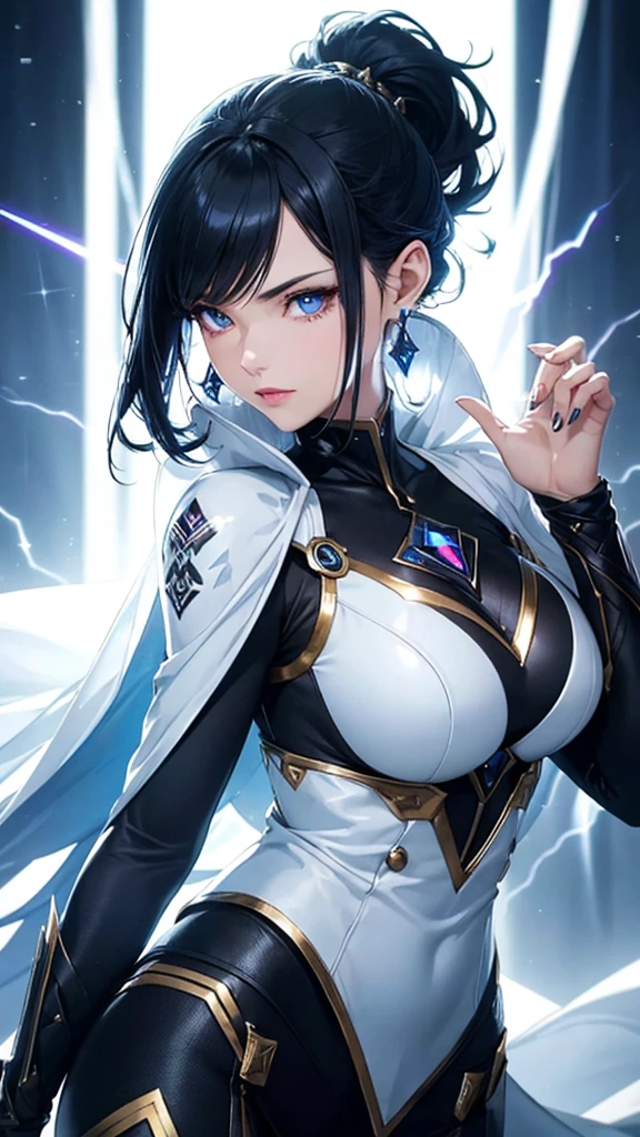 a mature woman, Confident, mighty and strong, (black blue hair streaked sky blue luminous hair), Extra long high ponytail with single side ear front hair combed in back, floating hair, hair strand, shiny hair, blue amber eyes, pupils sparkling, aqua eyes, glowing eyes, pupils sparkling, upturned eyes, long upper eyelashes, double eyelids, deep red purple lips, white crystal earrings, a slight smile, Glowing clothing effect, Silver full body armor, super high exquisite black and gold twin color pattern on silver armor, (Right hand holds a silver spear with lightning), (The left forearm is surrounded by fire and lightning), (A huge upright lightning ring totem floats behind the shoulders), She is a war goddess, Random pose, Random expressions, Random background, White light surrounding the body, god rays, anime, UHD, masterpiece, award winning, 8k, super detail, best quality, retina, ccurate, super textured skin, super detail face, perfect face, Super fine facial details, beautiful and delicate eyes, perfect eyes, anatomically correct, correct limbs, correct figner, super detail figner, best hair quality, best clothing quality, best prop quality, best totem detail and quality, complex totem detai