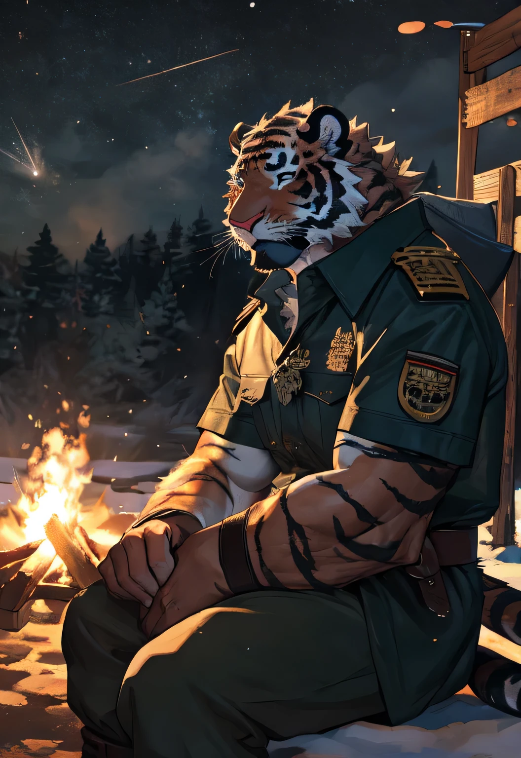 alone, cannon, (tiger), human nature, male, ((Black texture body)), scales, Tail, muscle, Handsome, military uniform, modern, fantasy, outdoor, External, dark, night, in the woods, campfire, camp, Star, sitting, , epic, depth of field, perfect lighting, (light particles),(best quality),(masterpiece),(ultra deTailed),sharp focus,light particles