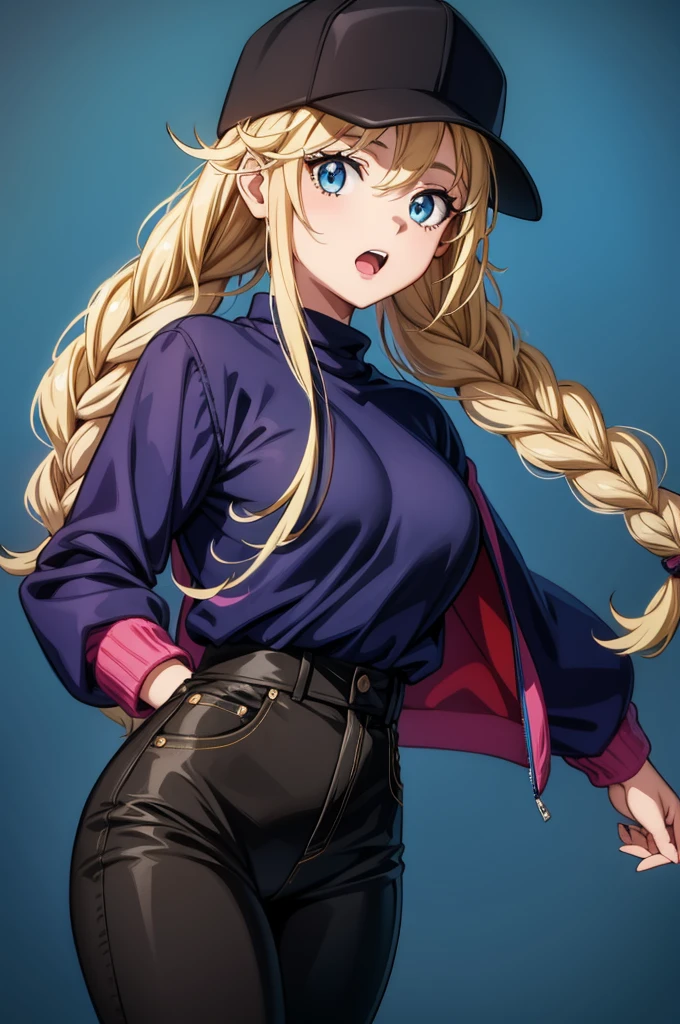 a picture of an animated anime women in a baseball hat and sweater jacket holding her hair, 1girl, solo, blonde hair, breasts, blue eyes, hat, twin braids, braid, shirt tucked in, shirt, long hair, jacket, pants, looking at viewer, white shirt, open mouth, black pants, high-waist pants, black headwear, thigh gap, bangs