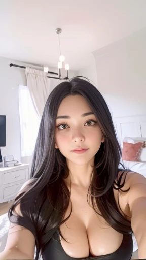 AlaFed woman with long black hair and a black blouse taking a selfie, Cerveza Soft Devil Queen Madison, violet myers, curtain bangs, no makeup wavy hair, madison beer, No makeup, portrait of madison beer girl, curtain bangsが中央から離れている, profile photo, using instagram filters, A fantastic, soft and vague glow, pose in the bedroom, perfect face, julia sarda