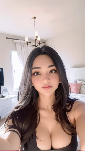 AlaFed woman with long black hair and a black blouse taking a selfie, Cerveza Soft Devil Queen Madison, violet myers, curtain bangs, no makeup wavy hair, madison beer, No makeup, portrait of madison beer girl, curtain bangsが中央から離れている, profile photo, using instagram filters, A fantastic, soft and vague glow, pose in the bedroom, perfect face, julia sarda