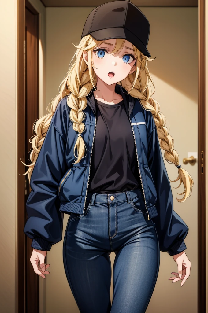 beautiful cartoon girl in black cap & long blonde braids standing on a hallway, 1girl, hat, blonde hair, blue eyes, solo, braid, twin braids, open mouth, long hair, shirt, pants, doorway, jacket, thigh gap, black headwear, looking at viewer, blue jacket, black pants, denim