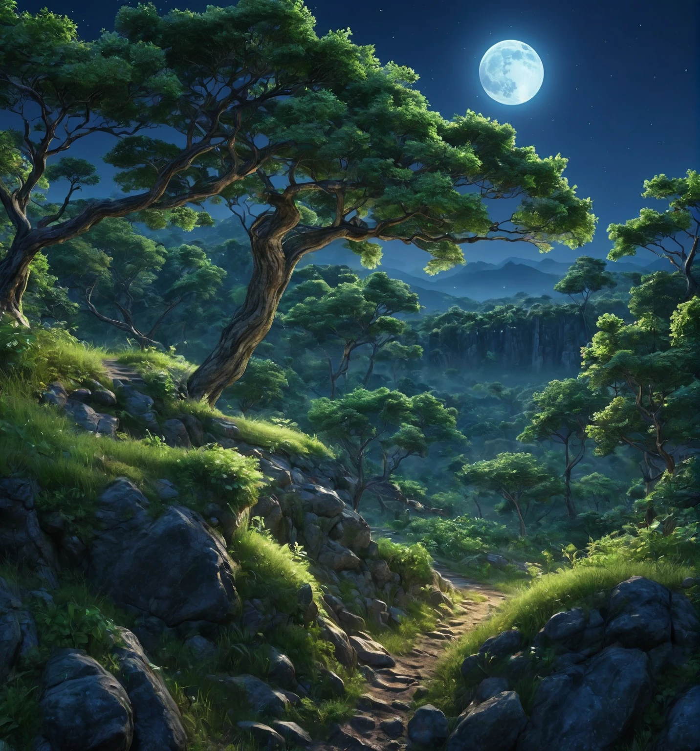 Side Scrolling Game Backgrounds,  (((In the dark of the night with a hint of blue))), Flat feeling without vanishing point perspective,  photorealistic lighting, (((At night when the moonlight is faint))),  high-definition details, ​masterpiece, Best quality at best, (Highly detailed CG integrated 8k wallpaper), (Top  Quality),  Forest scenery,  The bottom half of the screen is flat ground, Land with a moderate mix of soil and grass, The direction of the road is from the left side of the screen to the right side of the screen., (((At the top half of the screen are small densely packed trees and rocks.))),  Small rocks, Distant view behind the trees, mountains, The dark hour after sunset, At night when the bluish light is flowing, The size of the tree is small and it has a lot of curves, View from a height of about 3 meters,