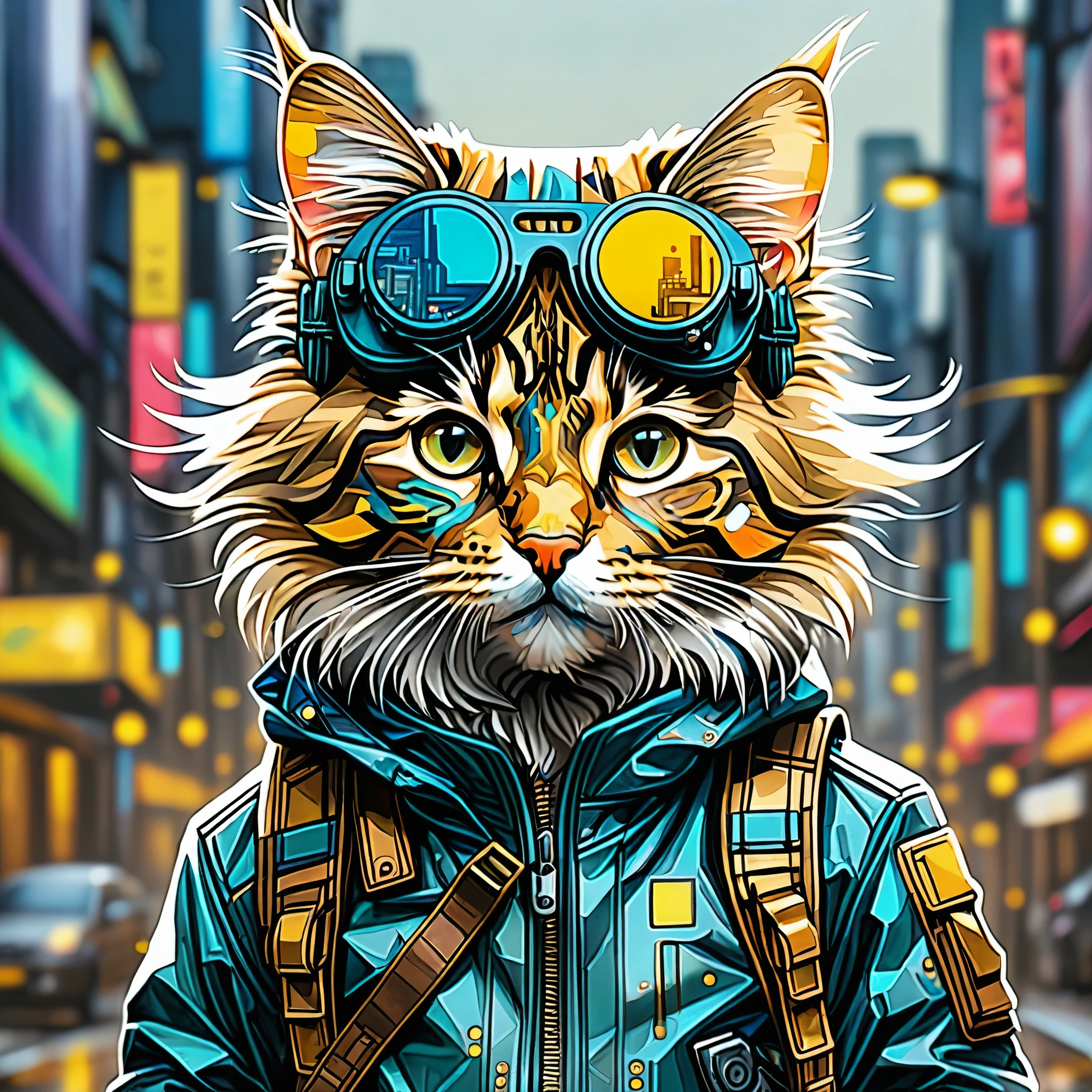 Crie uma estampa pra camista, gatinho fofo cyberpunk, aquarela, Vetor flet 2D , ultra detalhado,ultra SVG , estilo pintura van Gogh 