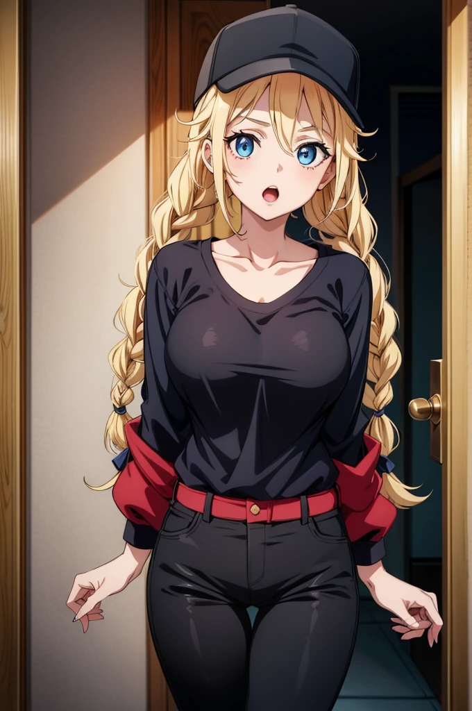 a very busty and blonde anime character in a black top and red hat, 1girl, breasts, blonde hair, solo, hat, blue eyes, twin braids, braid, long hair, shirt, looking at viewer, open mouth, pants, black headwear, jacket, white shirt, black pants, doorway, door, thigh gap, baseball cap, collarbone