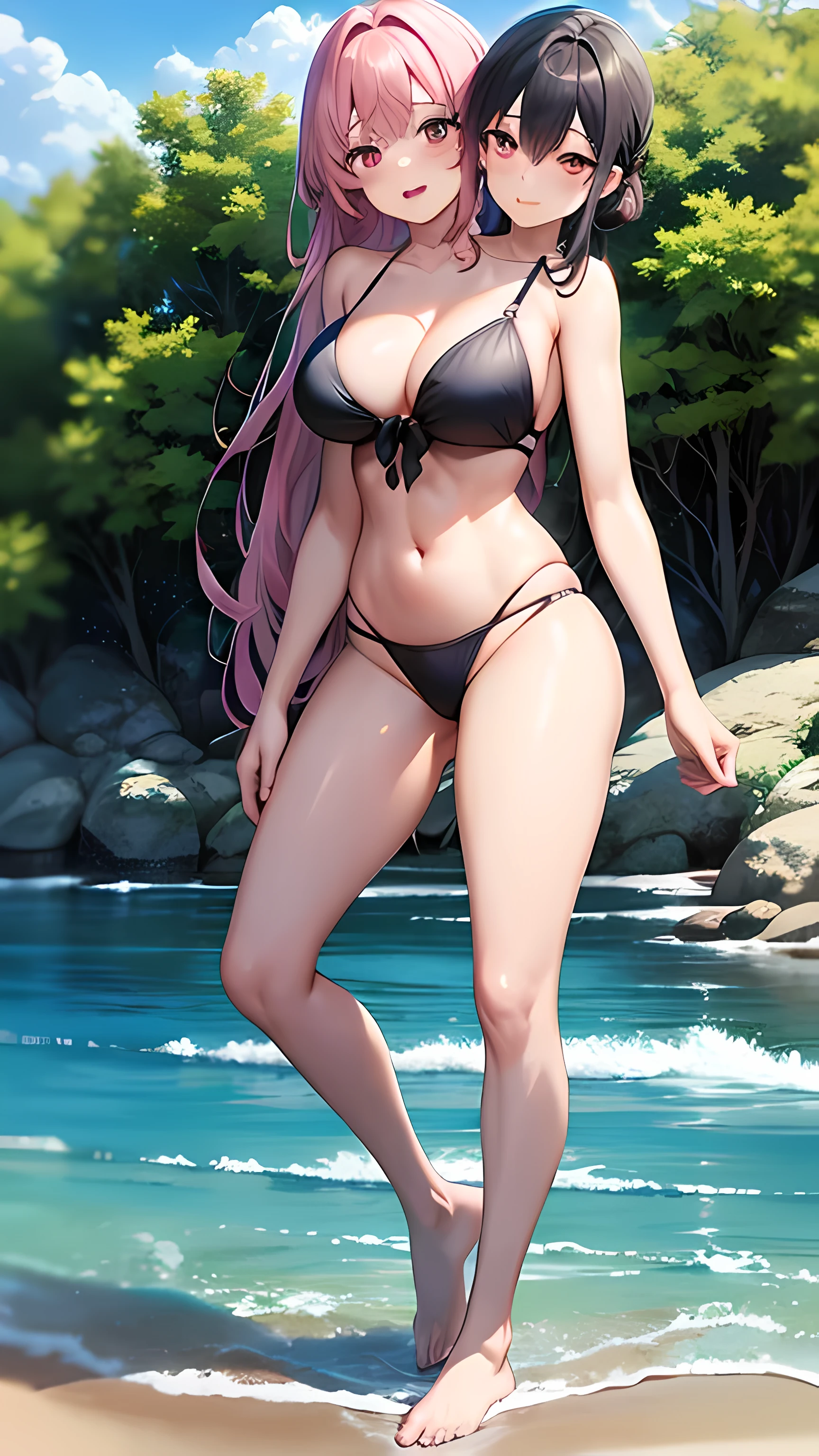 2heads, male female couple, black hair, pink hair, braid, 1girl, pink haired girl, long hair, black haired boy, (masterpiece), (high quality), (best resolution), absurdres, :D, detailed faces, beach, bikini, wide hips, thick thighs, (flatchested), barefoot, standing, full body, small breasts, medium breasts