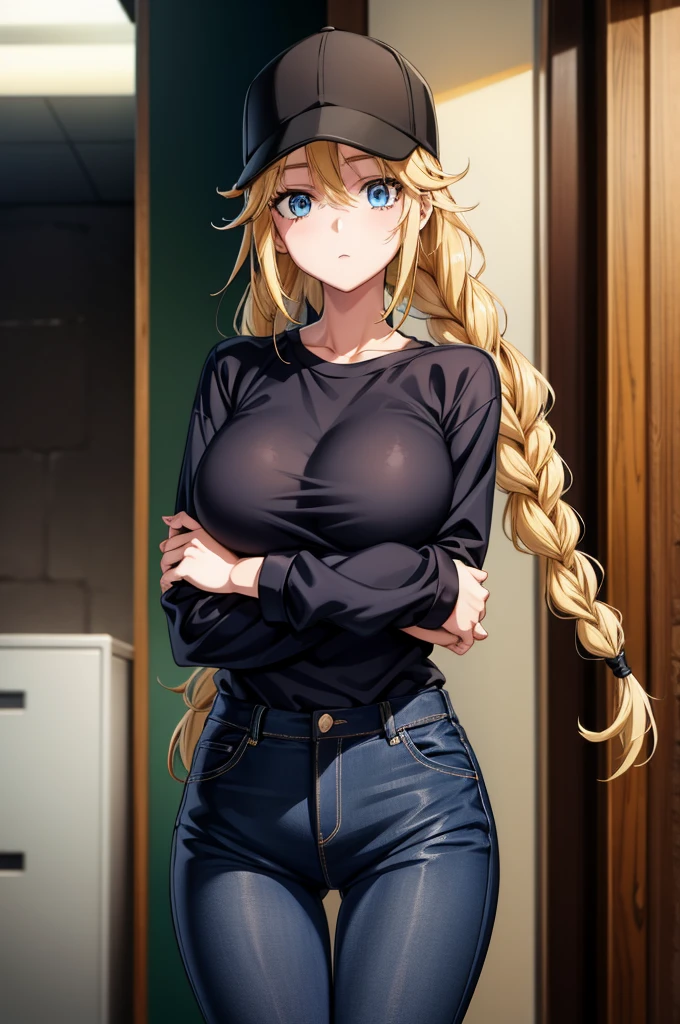 a very hot anime girl with very long blonde hair holding a baseball cap, 1girl, braid, solo, twin braids, long hair, breasts, blonde hair, blue eyes, hat, pants, large breasts, baseball cap, shirt, crossed arms, looking at viewer, black headwear, long sleeves, denim, thigh gap, black pants, black shirt, shirt tucked in