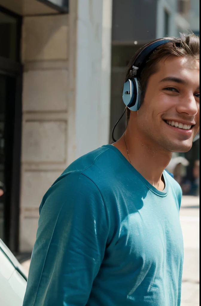 model man listening to music on headphones and smiling just images with shirt standing all over