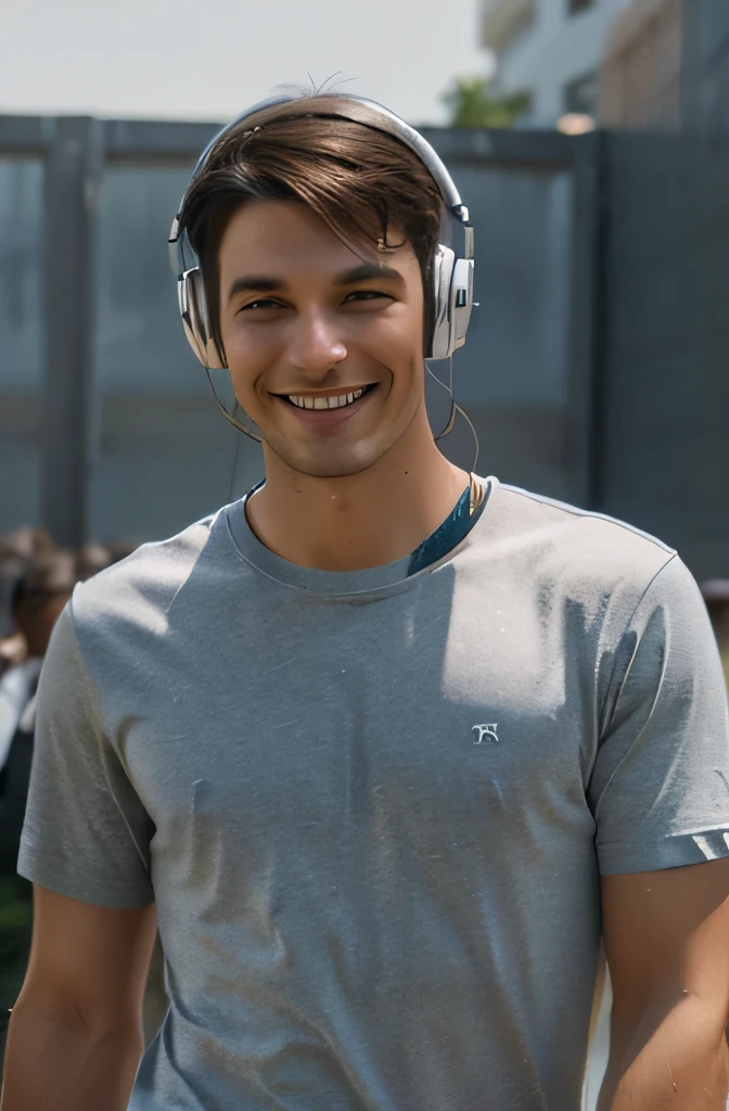 model man listening to music on headphones and smiling just images with shirt standing all over 