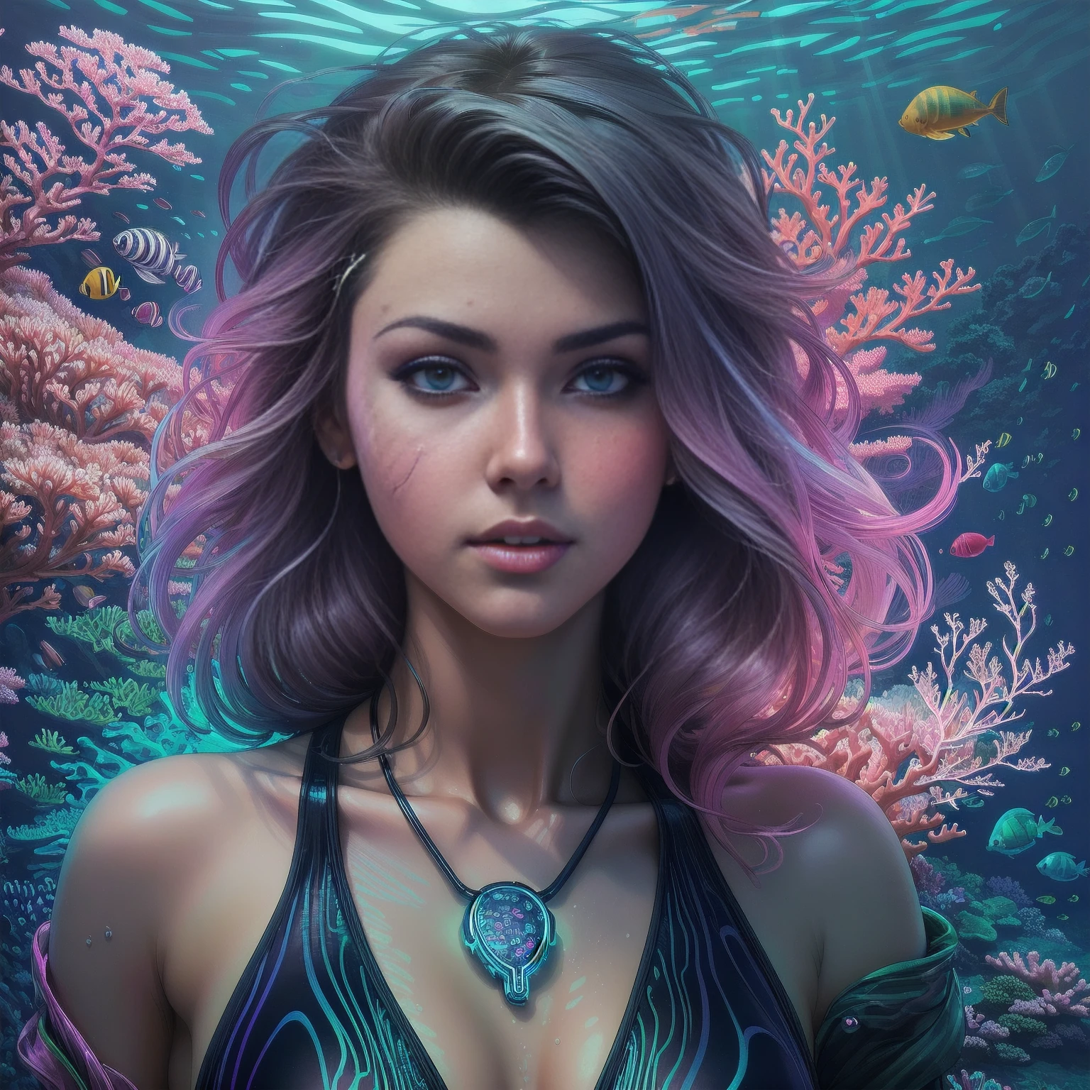 [Adriana Chechik], mature woman, 1girl, gorgeous and medium breast, underwater, sea, digital painting, full body shot, (lightroom:1.13), soft light,
(corals swimming tropical fishes medusa tentacles ),
(natural skin texture:1.2), sharp focus, focused, glass led brain lines, corals skin, jellyfish style, art by Anna Dittmann, masterpiece, highres,
realistic, cyberpunk, :<, colorful,
[(colorful explosion psychedelic paint colors:1.2)::0.20],
intricate one piece swimsuit,

cgsociety, analytical art, detailed painting, glowing neon, iridescent paint, intricate artwork by Tooth Wu, ((art by Android Jones)), wlop, beeple, octane, green eyes, bright face, (smart:0.7),