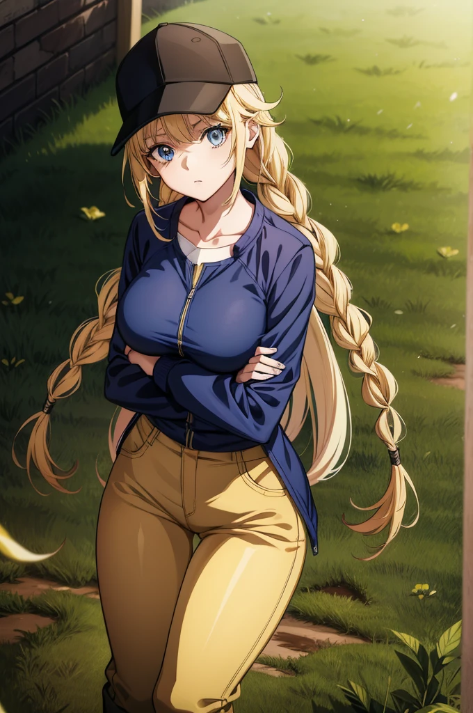 a anime and video game character with blonde hair and uniform on a field, 1girl, solo, hat, blue eyes, crossed arms, braid, blonde hair, long hair, breasts, looking at viewer, pants, baseball cap, thigh gap, large breasts, twin braids, long sleeves, collarbone, black pants, jacket, bangs