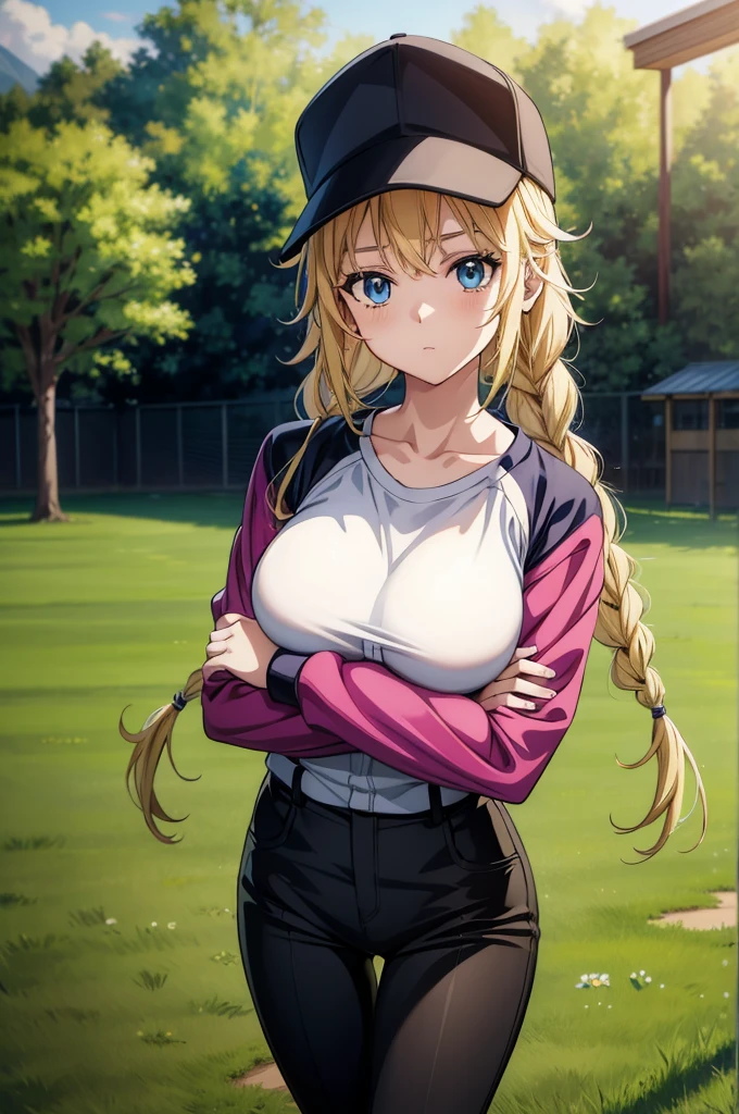 kawakami_Mai, Blonde hair, Side ponytail, Purple eyes, Long hair, bangs, Gradient hair, dark mole,
Large breasts, school uniform, Black shirt, Yellow sweater vest, White pleated skirt, Sneakers, Black socks,   (Masterpiece:1.0), (Best quality:1.0), (8K wallpaper:1.0), Extremely delicate and beautiful, (Beautiful detailed face:1.0), (Detailed deep eyes),  Symmetrical breasts, Deep eyes