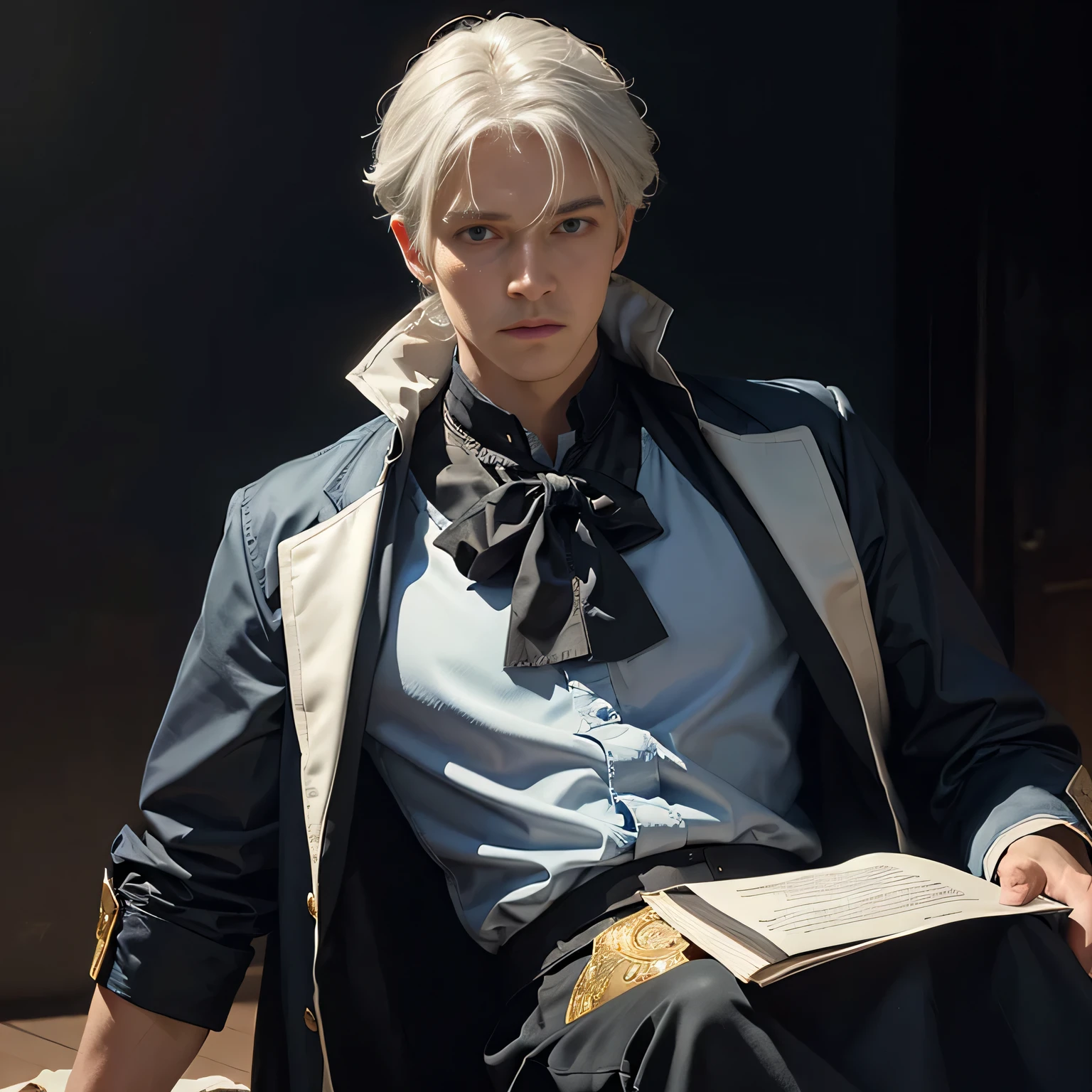 Hyperrealist portrait of male by david hockney and alphonse mucha,fantasy art, photo realistic, dynamic lighting, artstation, poster, volumetric lighting, very detailed faces, 4 k, award winning,, 1boy, in the dark, deep shadow, low key,cowboy shot,(official clothing:1.4),white hair,
