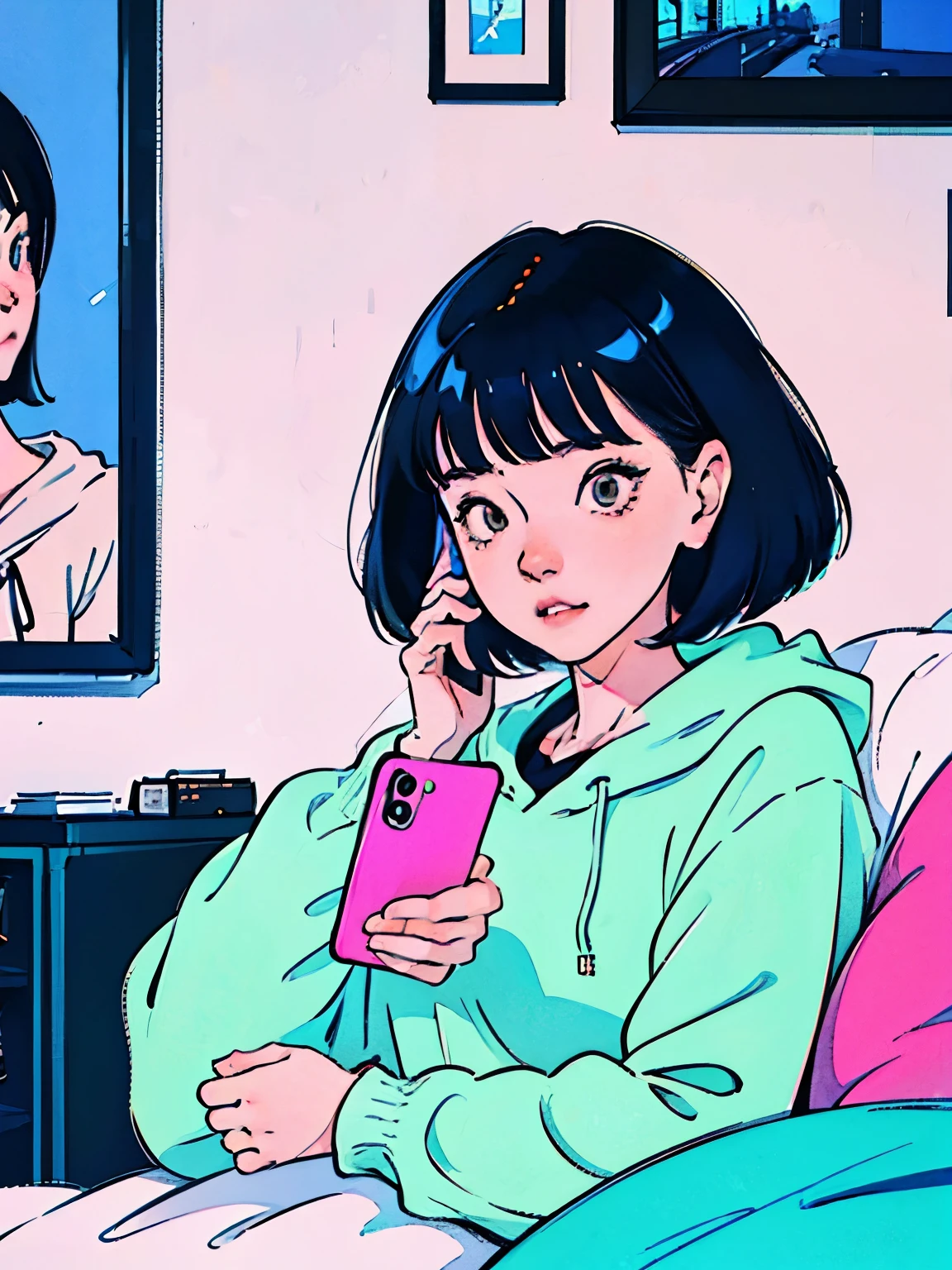 anime girl laying in bed with cell phone in hand, digital art ilya kuvshinov, anime vibes, ( ilya kuvshinov ), ilya kuvshinov landscape, anime aesthetic, inspired by Ross Tran, ilya kuvshinov. 4 k, by Ilya Kuvshinov, lofi girl aesthetic, checking her phone