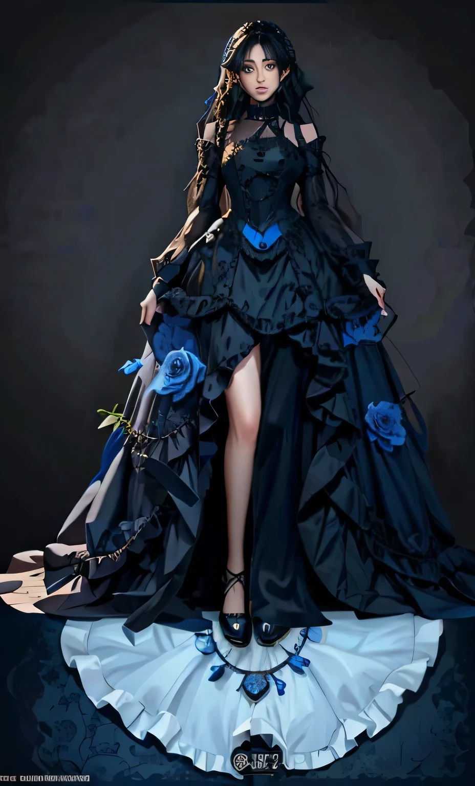 woman in black dress, Cute waifu wearing beautiful clothes, Beautiful full body concept art, beautiful charming woman, Woman full body art, guweiz, beautiful woman, Digital art on pixiv, full body picture, kushat krentz critical art women, full body xianxia, Detailed face Gorgeous face Detailed face, blue rose theme , blue rose petals