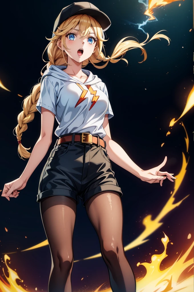 a picture of a woman is standing in front of flames and lightning, 1girl, solo, shorts, braid, long hair, blue eyes, blonde hair, hat, pantyhose, open mouth, baseball cap, hood, breasts, fire, short shorts, looking at viewer, black headwear, belt
