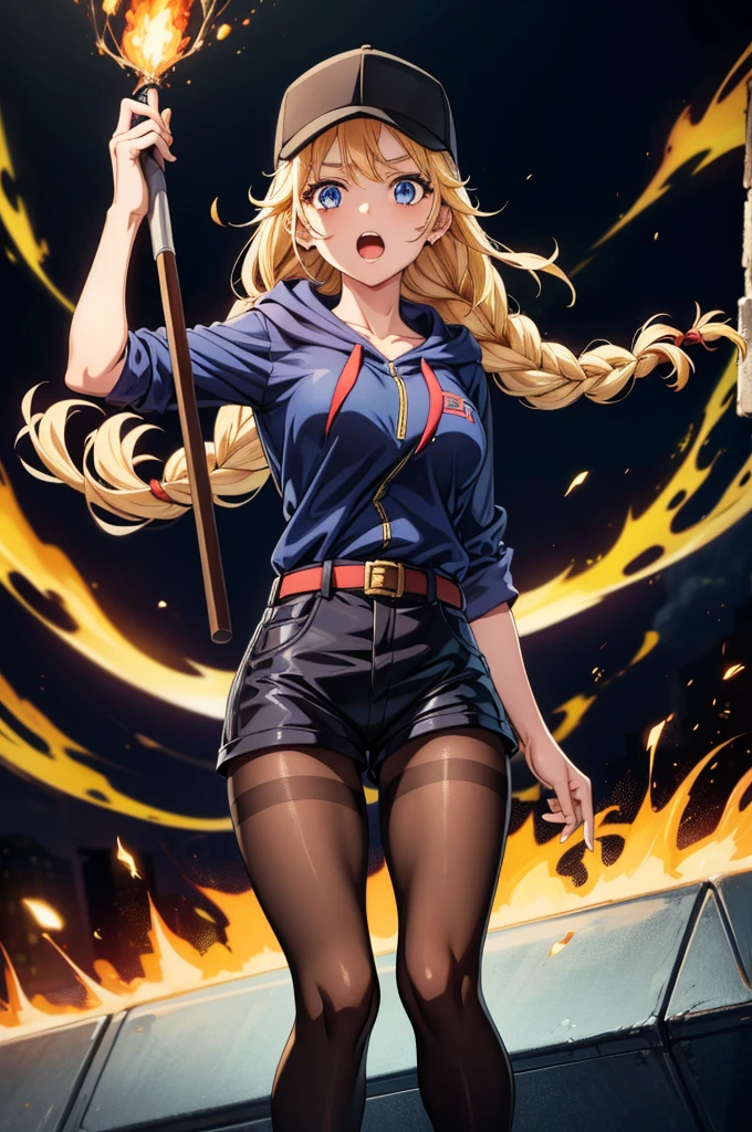 a picture of a woman is standing in front of flames and lightning, 1girl, solo, shorts, braid, long hair, blue eyes, blonde hair, hat, pantyhose, open mouth, baseball cap, hood, breasts, fire, short shorts, looking at viewer, black headwear, belt