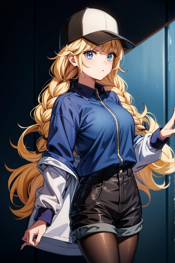 a anime girl with heavy top on with hat looks in door to lock it, 1girl, solo, breasts, blonde hair, hat, twin braids, blue eyes, braid, black headwear, looking at viewer, long hair, blush, long sleeves, pantyhose, sweater, baseball cap, turtleneck, closed mouth, bangs, door