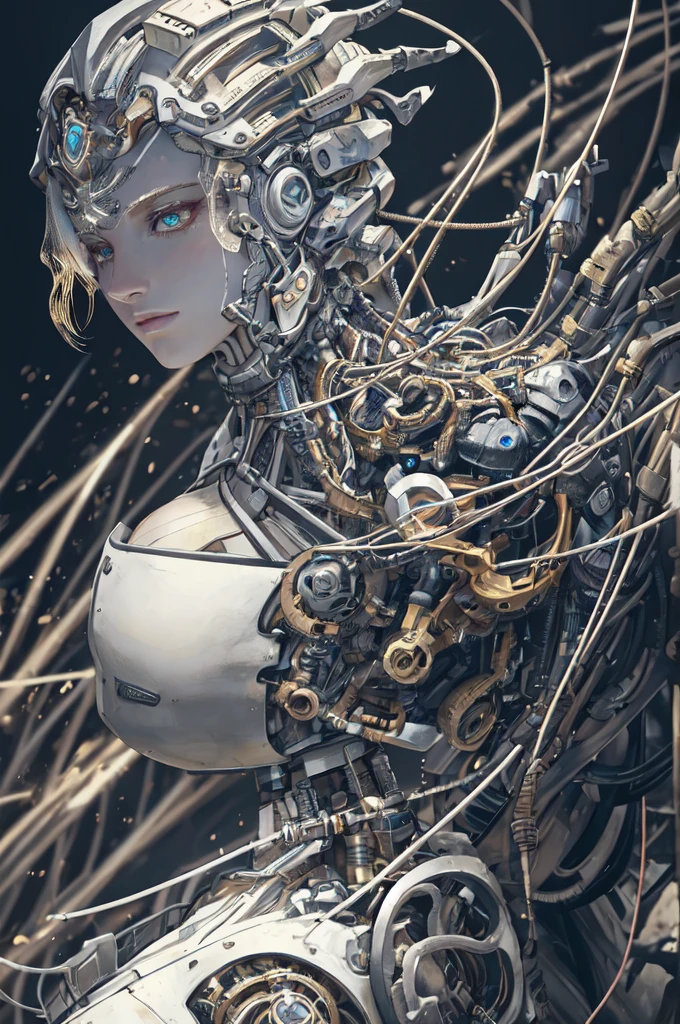 1mechanical girl,((ultra realistic details)), portrait, global illumination, shadows, octane render, 8k, ultra sharp,metal,intricate, ornaments detailed, cold colors, egypician detail, highly intricate details, realistic light, trending on cgsociety, glowing eyes, facing camera, neon details, machanical limbs,blood vessels connected to tubes,mechanical vertebra attaching to back,mechanical cervial attaching to neck,sitting,wires and cables connecting to head