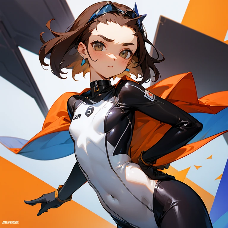 girl、confident face、earrings、thin、Outstanding style、modest chest、Goggles on foreheadをつけている、small 、A thin 、loose clothing、that&#39;belly butwhite wetsuit with front zip（Separate tops and bottoms design）、Work gloves、Goggles on forehead、brown skin、middle hair、thin、cleavag、thinウエスト、